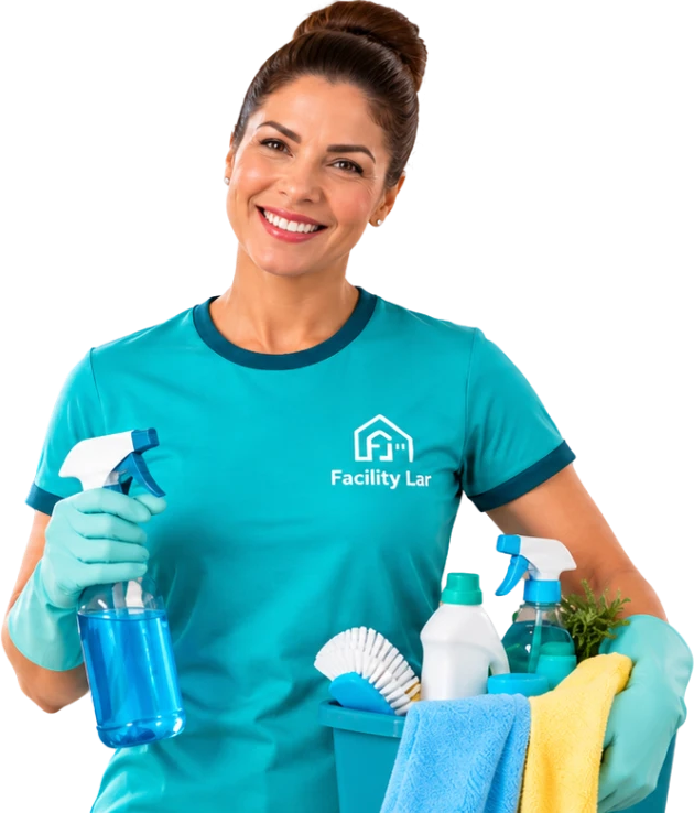 Profissional de limpeza com uniforme da Facility Lar